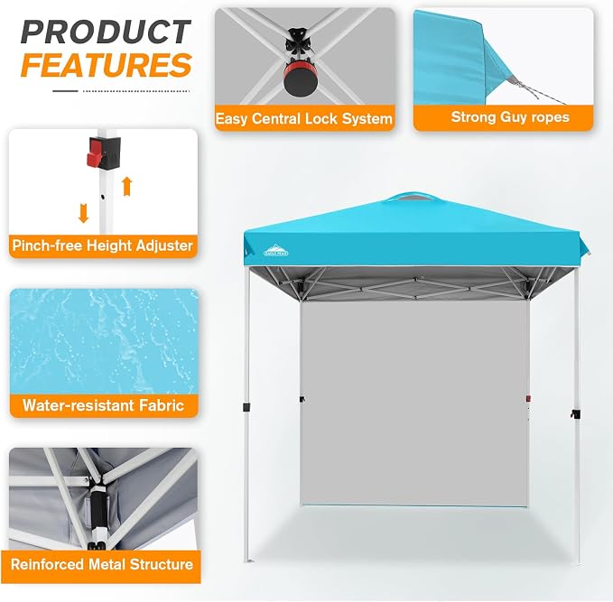 EAGLE PEAK Commercial Canopy 6.6x6.6 Pop Up Canopy Tent with 1 Sidewall, Easy Setup Heavy Duty Instant Event Shelter for Vendors & Markets, Outdoor Sun Shade, Light Blue