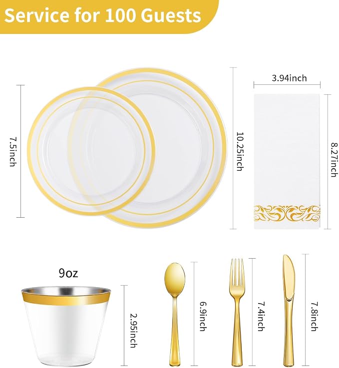 Goodluck 700 Pieces Clear Gold Dinnerware Set for 100 Guests, Disposable for Party, Include: 100 Gold Rim Dinner Plates, 100 Dessert Plates, 100 Paper Napkins, 100 Cups, 100 Plastic Silverware Set