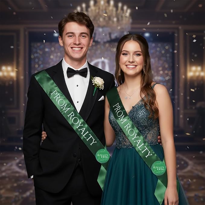 Anderson's 2-Set Green/White Prom Royalty Sashes and Buttons, Accessory for High School Students, Prom Accessories