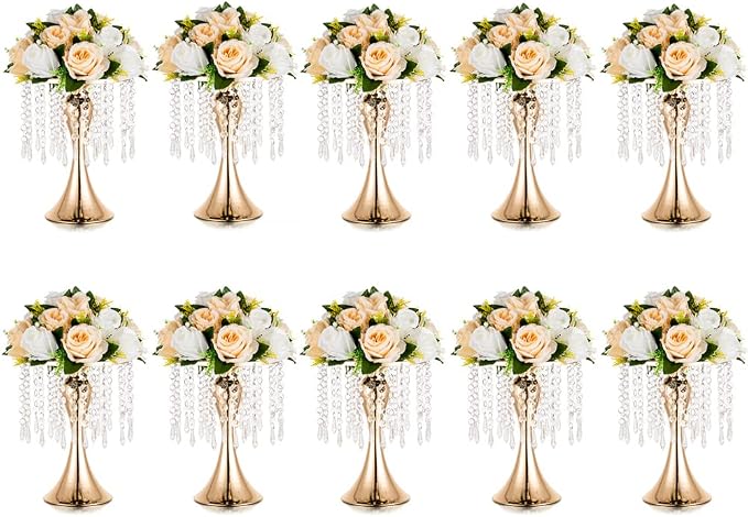 Gold Vases for Centerpieces, 10.2in Crystal Flower Arrangement Stand, Wedding Centerpieces for Tables, Tall Metal Flower Vase Holders for Wedding, Event, Reception, Birthday, Home Decor, 10 Pcs | High End Crystal Design Vase Stand for Wedding Party Rec...
