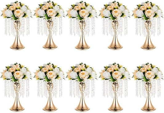 Gold Vases for Centerpieces, 10.2in Crystal Flower Arrangement Stand, Wedding Centerpieces for Tables, Tall Metal Flower Vase Holders for Wedding, Event, Reception, Birthday, Home Decor, 10 Pcs | High End Crystal Design Vase Stand for Wedding Party Rec...