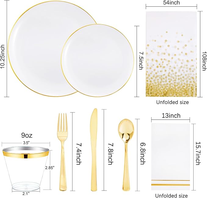 Festiva 175PCS White and Gold Plastic Plates - White with Gold Rim Fall Dinnerware Set - 25Guest include Plates Cups Cutlery Napkins for Birthday Party&Wedding& Easter