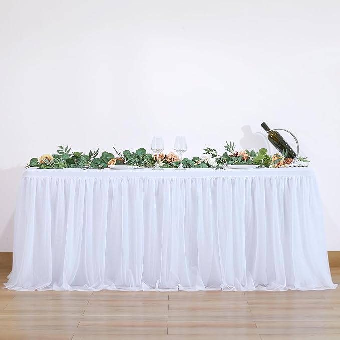 2 Pack White Tulle Tablecloth Table Skirt for 6 Foot Rectangle Tables, Wedding Table Cloths Ruffle Tutu Table Skirt Stretch Fitted Table Covers for Parties Birthdays Baby Shower Celebration Banquet