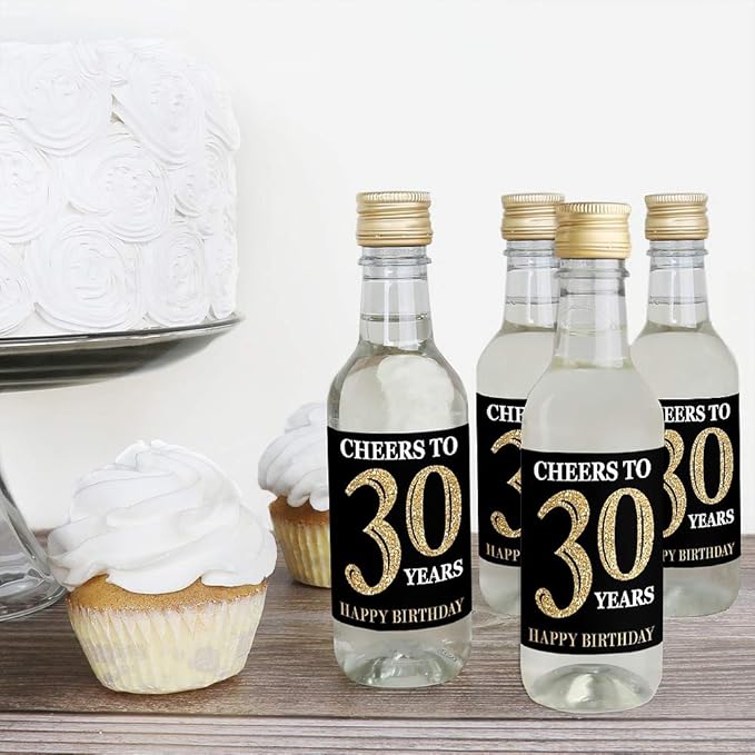 Big Dot of Happiness Adult 30th Birthday - Gold - Mini Wine and Champagne Bottle Label Stickers - Birthday Party Favor Gift for Women and Men - Set of 16