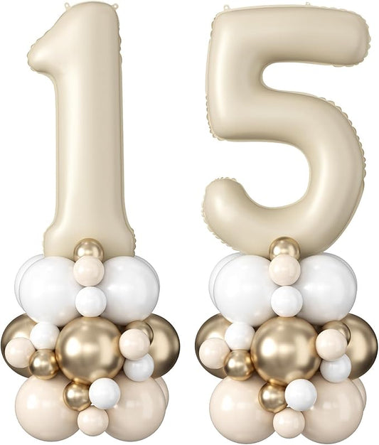Cream Number 15 Balloons 40 Inch Beige 15th Birthday Party Decorations Neutral Nude White Sand Number 51 Foil Balloon Tower Giant Large Digit Helium Balloon for Girls Boys Women Men 51st Anniversary