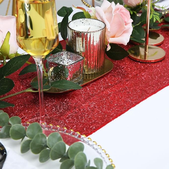 6 Pack Red Sequin Table Runner 12 x 108 Inch - High Density Sparkly Glitter Table Runners for Wedding, Birthday, Anniversary Banquet, Shimmering Red Party Decor