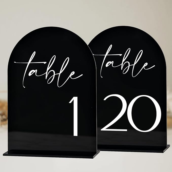 Black Arch Acrylic Table Numbers with Stands 1-20, 5x7" Black Arched Acrylic Sign and Bases, Arch Table Numbers for Centerpiece Wedding Reception (1-20)