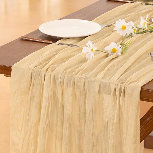 Socomi 6pcs Gold Champagne Cheesecloth Table Runner Summer Boho Rustic Gauze 120 inch 10FT Cheese Cloth Sheer Runner for Wedding Party Baby Shower Birthday Home Decor Holiday Decorations