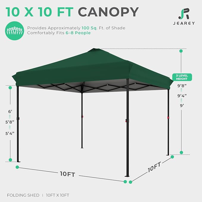JEAREY 10x10 ft Pop Up Canopy Tent, Heavy Duty Outdoor Canopy with 1-Push Instant Setup, Commercial Tent with Roller Bag, 4 Sandbags and 8 Stakes, Water-Resistant – Dark-Green