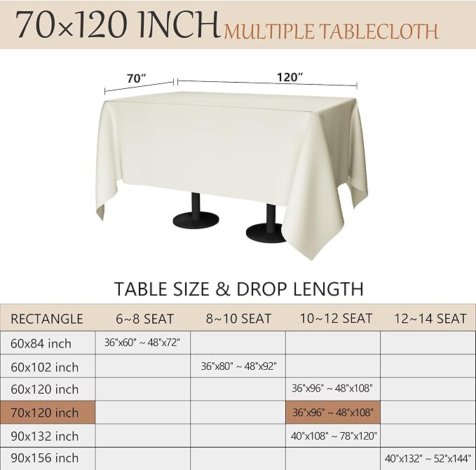 70x120 Table Cloth - 6 Pack Rectangular Black Washable Stain and Wrinkle Resistant Polyester Table Cover for Dining Tables, Various Parties and Camping (Ivory)