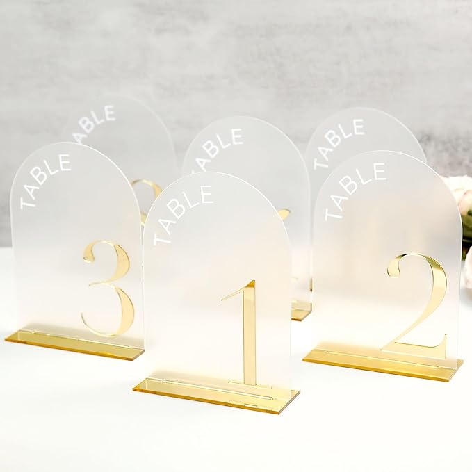 Frosted Arch Wedding Table Numbers 1-15 with Stand,15 Pack 5x7 Inch Frosted Acrylic Signs with Gold Number, Arched Acrylic Table Numbers for Wedding Reception