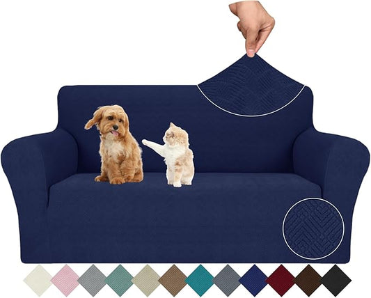 JIVINER Stretch Loveseat Slipcovers 1 Piece Love Seat Sofa Cover Spandex 2 Seater Couch Covers Universal Furniture Protector with Elastic Bottom (Navy Blue, Loveseat)