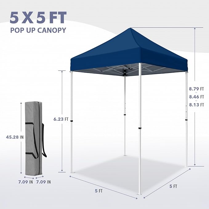 5x5 Pop Up Canopy Tent, Instant Portable Beach Canopy, Outdoor Tent with Carry Bag for Camping, Sports, Tailgating, Events, Dark Blue