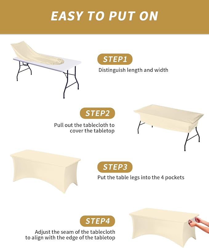 Fixwal 3 Pack Ivory Tablecloth Rectangle 8Ft, Stretch Spandex Fitted Table Cover for Party, Trade Show, Wedding, Buffet, Graduation, Vendor Stand