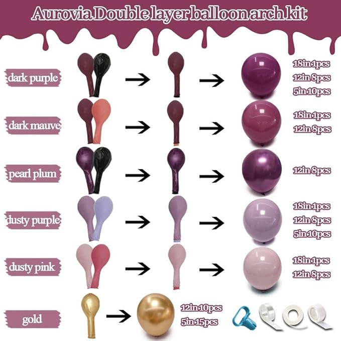 Dark Purple Pink Balloon Garland Double Stuffed Plum Mauve Burgundy Gold Balloon Arch Kit Dusty Pink Lavender Balloons for Birthday Bridal Shower Wedding Mother's Day Anniversary Party Decorations