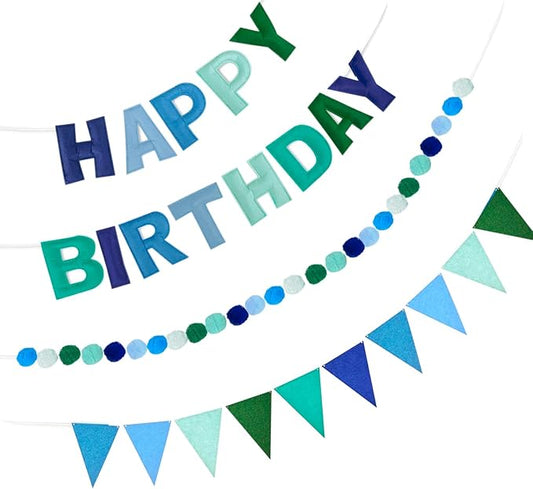 Pre-Strung 3D Happy Birthday Banner, 3 PCS Felt Reusable Birthday Decorations Set with Happy Birthday Letter Banners, Pom Pom Garland, Triangle Fabric Bunting, Blue Green Party Decor Sign Photo Prop