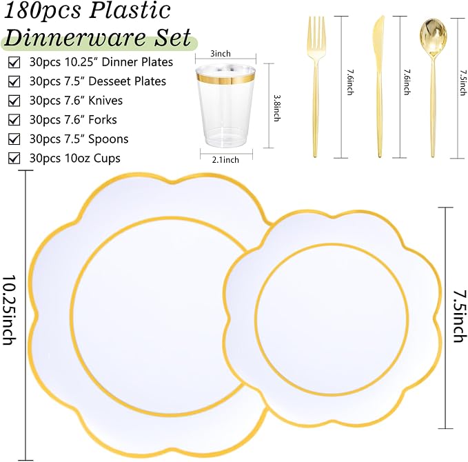 ejonirinjonir EI 180pcs White Plastic Plates with Gold Plastic Silverware,Heavy-Duty Disposable Plates for Party,White Dinnerware Set for 30 Guest Wedding,Afternoon Tea,Spring,Mother's/Valentine's Day