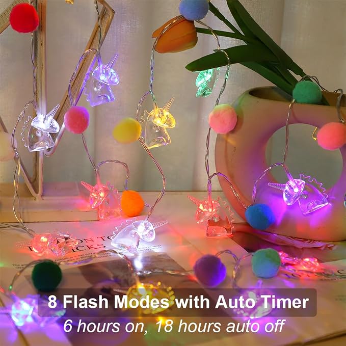 9.85FT Colorful Indoor String Lights with 20 Cute PomPoms 20 Unicorn LED Indoor String Lights Battery Operated with Timer for Home Bedroom Kids Playhouse Birthday Wedding Party Holiday Christmas Decor