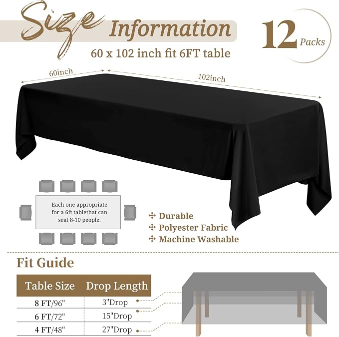 Showgeous 12 Pack Table Cloth Black Tablecloth 60 x 102 Inch Clothes for 6 Foot Rectangle Tables, Wrinkle Resistant Washable Polyester Cover Wedding Parties Banquet Camping Dining