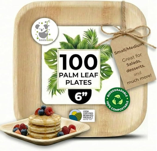 Palm Leaf Plate Bamboo Paper Disposable 6 Inch 100 Bulk Appetizer and Dessert Square Party Pack Eco Biodegradable Compostable Wooden Plates Better Than Plastic Plates By KoalaLove