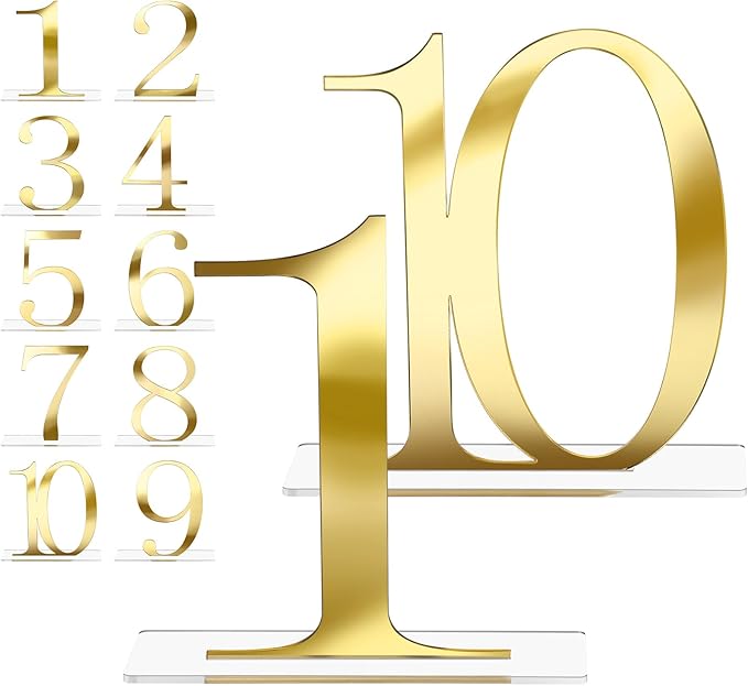 SiliFine 10 Pcs Wedding Table Numbers 1-10 Signs Acrylic Mirror Table Numbers with Protective Film for Wedding Reception Party Birthday Anniversary Event Decorations(Gold)