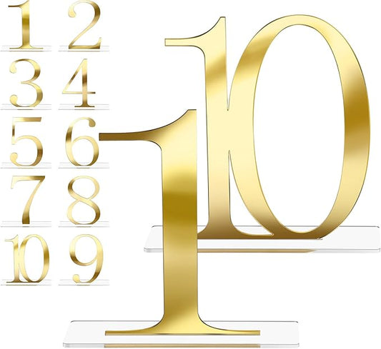 SiliFine 10 Pcs Wedding Table Numbers 1-10 Signs Acrylic Mirror Table Numbers with Protective Film for Wedding Reception Party Birthday Anniversary Event Decorations(Gold)