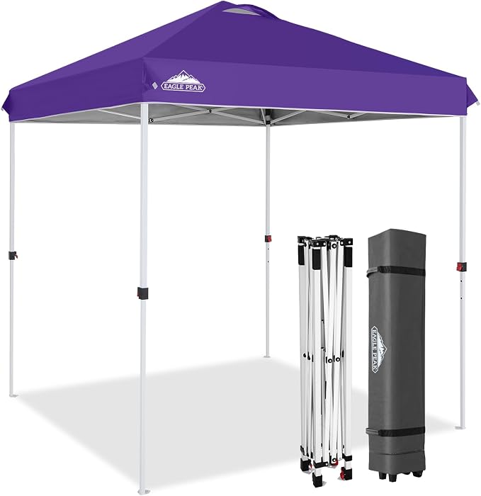EAGLE PEAK Pop Up Canopy Tent with Wheeled Carry Bag, 8 Stakes, 4 Ropes, Easy Set Up Tent Canopy, 6.6x6.6 ft, Purple