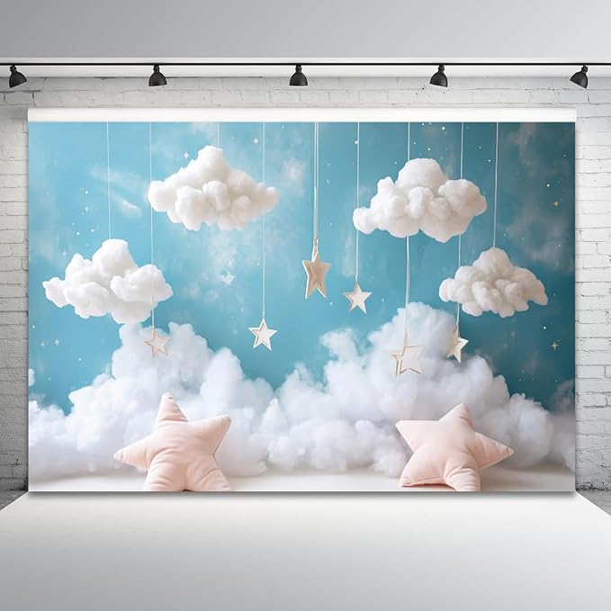10x5ft Cloud Backdrop Sky Starry Star White Blue Photography Background Baby Shower Banner Baby Birthday Party Decoration Newborn Photoshoot Prop Cake Smash Photo Booth Prop