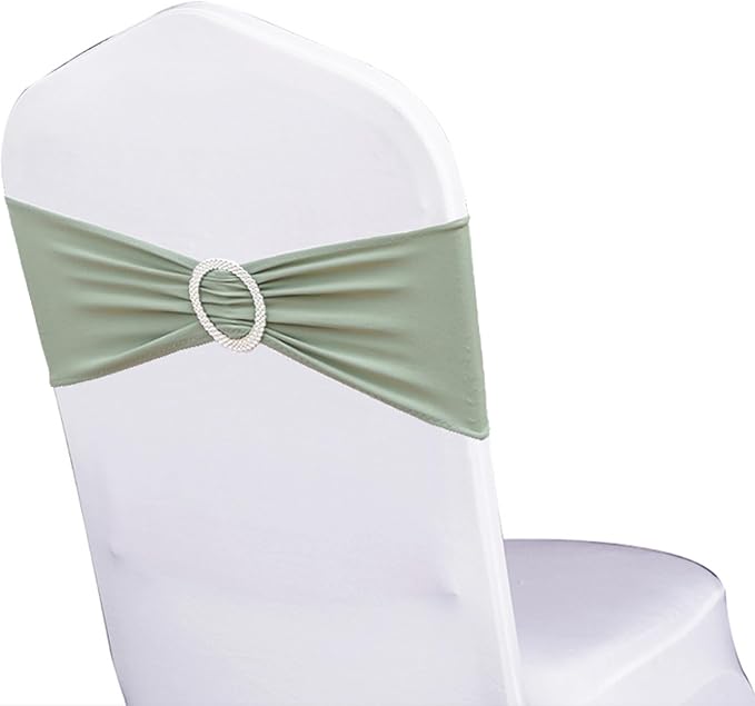 Pack of 50 Spandex Sage Green Chair Sashes for Wedding Elastic Chair Bands with Buckle Slider, Stretch Chair Bows for Party, Without White Chairs Covers (Sage Green)