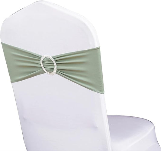 Pack of 100 Stretch Sage Green Chair Sashes for Wedding, Elastic Lycra Chair Bands with Buckle Slider, Spandex Chair Bows for Party, Without White Chair Covers (Sage Green)