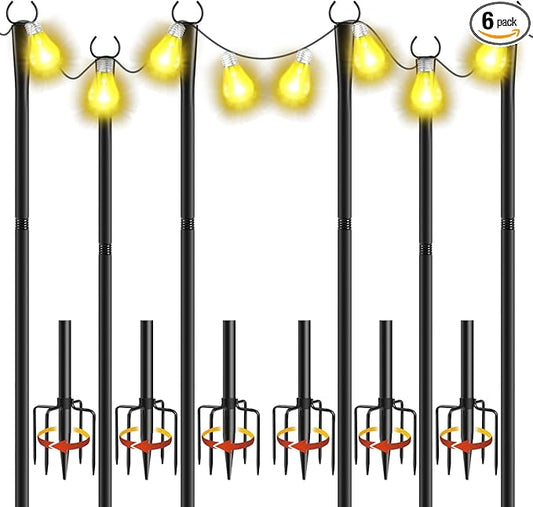 6 Pack 10Ft String Light Poles, Metal Poles with Fork for Outside Lights,Outdoor Metal Light Stand with Fence Brackets Hanging Lights for Garden Patio Wedding Backyard Deck Party