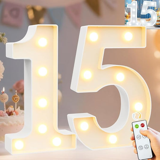 Pooqla 15th Birthday Decoration for Girls Boys, Decorative Marquee Numbers with Remote, Light Up 15 Sign for Party Backdrop 15th Wedding Anniversary Decor, Warm White and Cool White Number 15