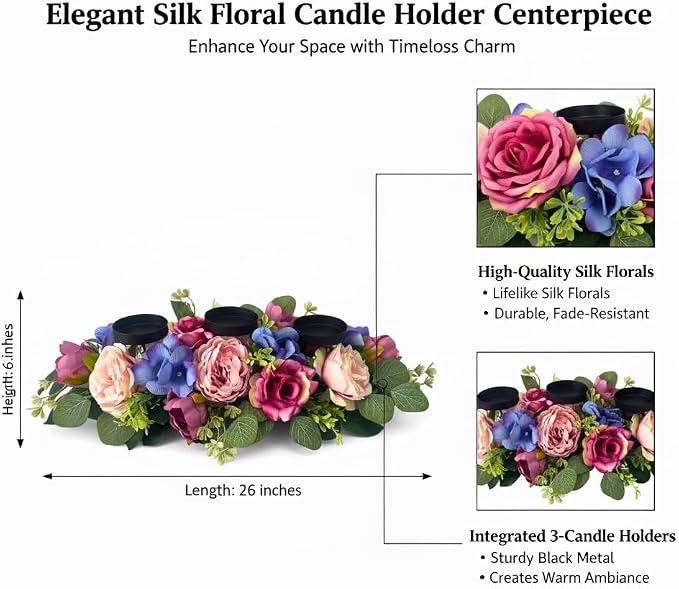 Svndlyn 25" Spring Summer Floral Candle Holder Centerpiece for Table Decor | Triple Candle Cups with Pink Roses, Blue Blooms and Greenery for Table and Summer Decor