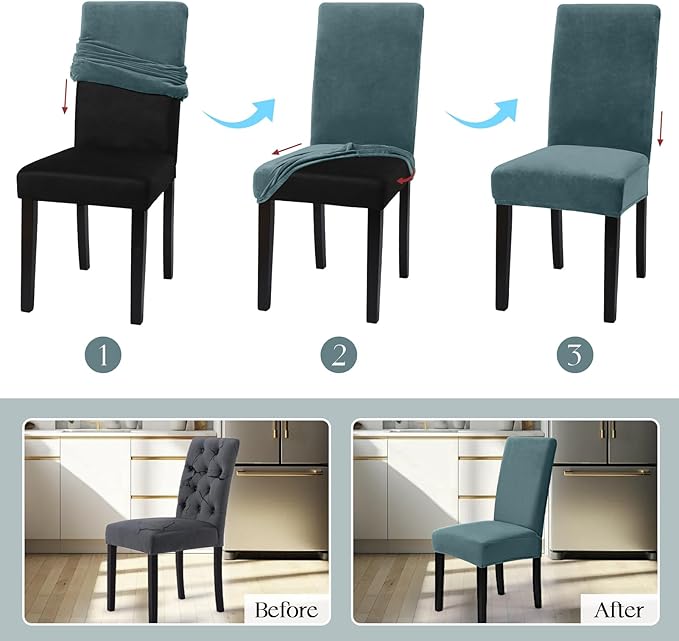 MOSAYT Velvet Stretch Chair Covers for Dining Room Set of 4 - Soft Slipcovers with Thick Removable Fabric for Parsons Chairs, Washable Seat Protectors for Kitchen, Banquet & Home Decor, Teal