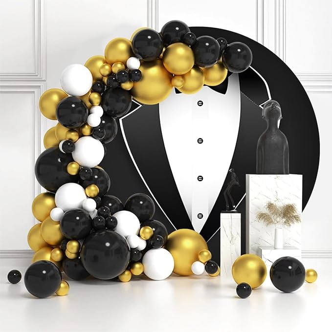 7.2ft Gentleman Tuxedo Round Backdrop Cover Black and White Bow Tie Suit Circle Photo Background for Man Portrait Birthday Party Decoration,Wedding Arch Backdrop Cover,Boy Baby Shower Photos
