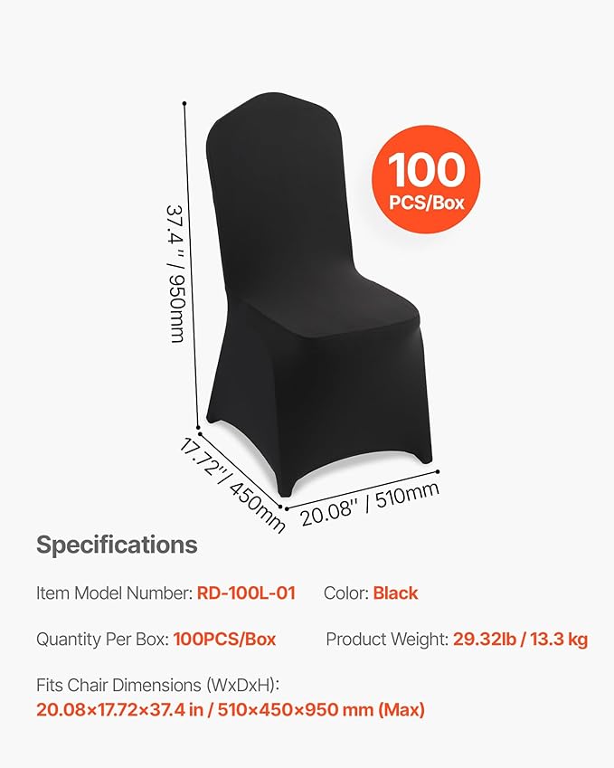VEVOR Chair Covers, Polyester Spandex Chair Cover, Stretch Slipcovers for Wedding Party Dining Banquet Flat-Front Chair Covers (Black-a, 100PCS)