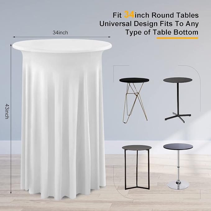 4 Pack White High Top Table Cloths, Wrinkle Free Stretch Table Cover with Skirt, Fitted 32 inch Round Spandex Tablecloths for Party Wedding Banquet Birthday