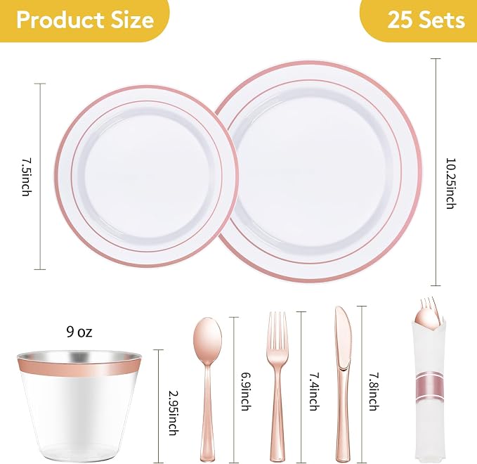 Goodluck 175 Piece Rose Gold Plastic Dinnerware Set for 25 Guests, Fancy Disposable Plates for Party, Include: 25 Dinner Plates, 25 Dessert Plates, 25 Pre Rolled Napkins with Silverware, 25 Cups