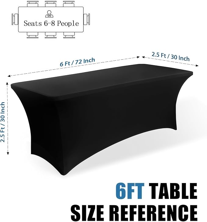 6FT Black Table Cloth - 1 Pack Fitted Stretch Rectangle Spandex Tablecloth, Washable Table Cover for Party, Picnic, Wedding, Banquet, Birthday and Festival(30" x 72")