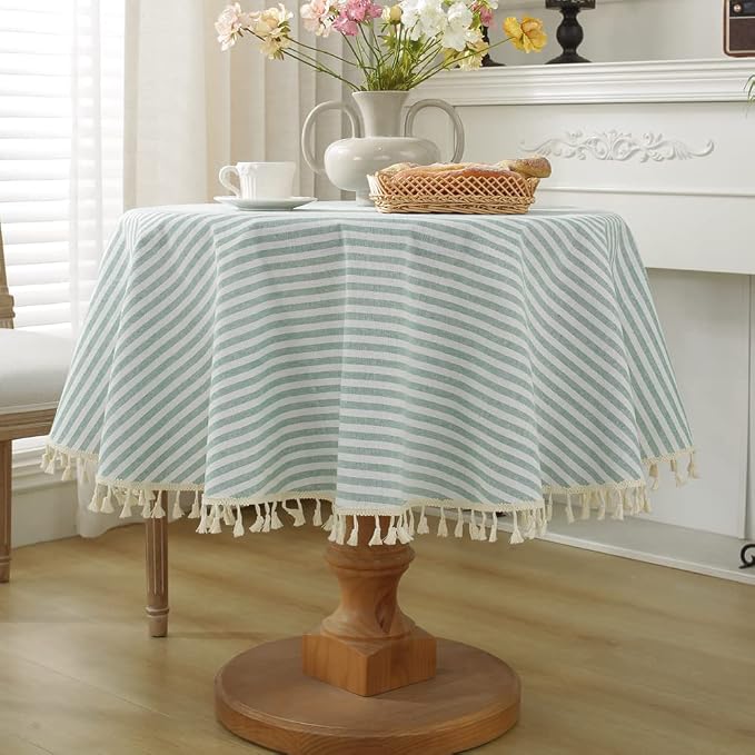meioro Round Tablecloths Striped Tablecloth Cotton Blend Table Cloth Washable Tabletop Decorative Fabric Table Cover for Kitchen Dinning (Green, Round 60 Inch)