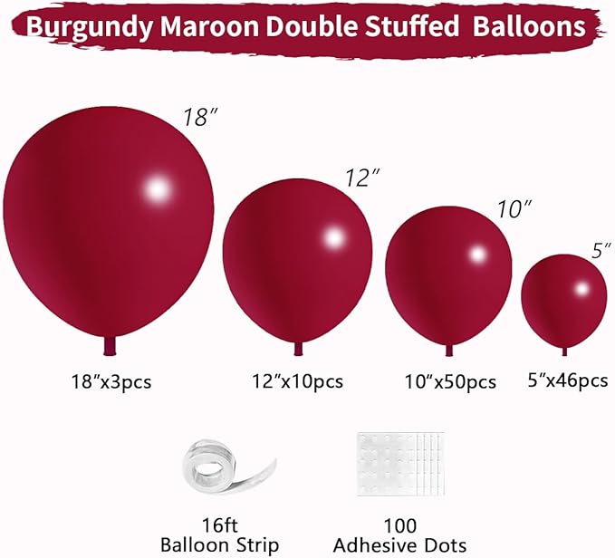Double Stuffed Burgundy Balloons Different Size 115Pcs 5/10/12/18 Inch Maroon Balloon Garland Arch kit for Birthday Wedding Baby Shower Anniversary Party