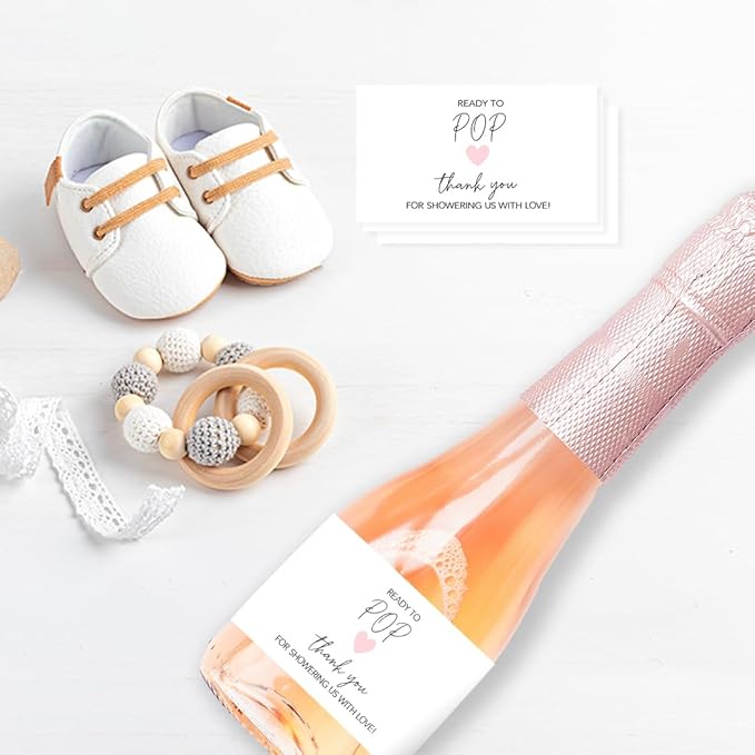 It’s a Girl Mini Champagne Bottle Labels ● Set of 12 ● She’s Ready to POP Baby Shower Favor Label, About to POP Thank You Favors, Pink Baby Shower Gender Reveal Stickers Waterproof (Heart)