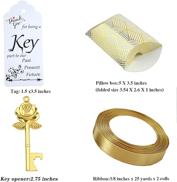 Makhry 50 Set Skeleton Rose Key Bottle Openers with Candy Box In Antique Vintage Style Escort Tags French Ribbon As A Gift Souvenir At Wedding Party Supplies (Antique Gold)