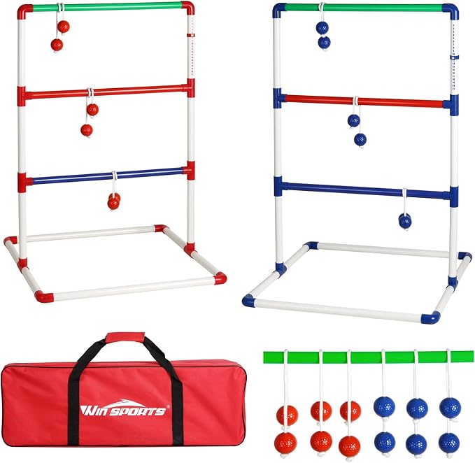 Ladder Toss Outdoor Game Set - Win SPORTS Indoor Ladder Ball Toss Game with 6 Weighted Bolos, Carrying Case and Sand Weighted PVC Piping,Games for Adults, Kids, Family