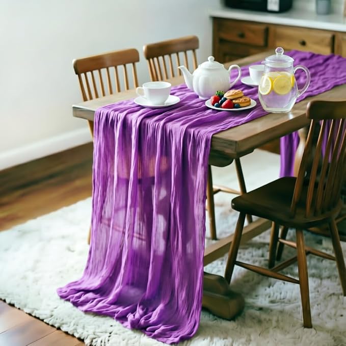 LINXTAR Purple Cheesecloth Table Runner 4 Pack 120 Inches 10Ft Gauze Summer Boho Table Runner for Wedding Tea Party Baby Shower Bridal Birthday Home Decoration
