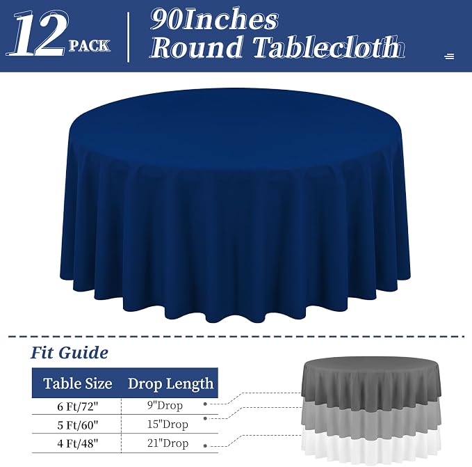 12 Pack Round Tablecloths - 90 Inch, Navy Blue Polyester Table Cover for Round Table, Stain and Wrinkle Resistant Washable Fabric Table Cloth, Polyester Tablecloth for Wedding Banquet Parties