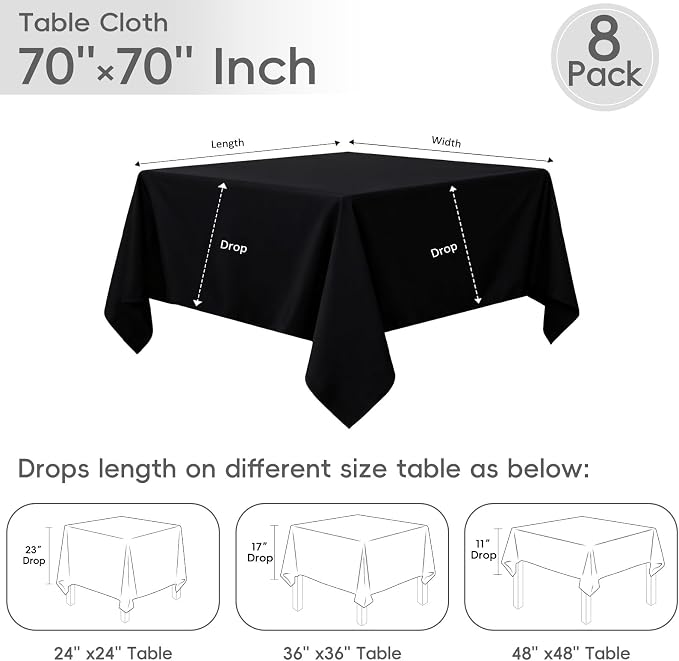8 Pack Black Square Tablecloth 70 x 70 Washable Polyester Table Cloth for Square or Round Tables, Wrinkle Resistant Fabric Decorative Covers for Dining Party Banquet Buffet and Wedding