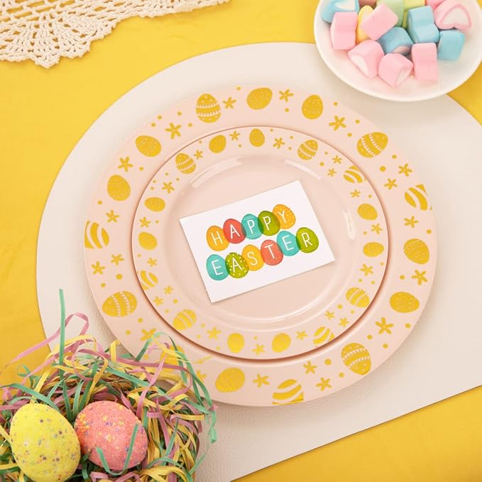 U-QE 25 Guests Plastic Easter Plates and Napkins - Pink and Gold Easter Party Supplies Include 25 Guests Dinner and Dessert Plates, 25Forks, 25Knives, 25Spoons, 25Cups, 25Napkins-Features of Gold Egg