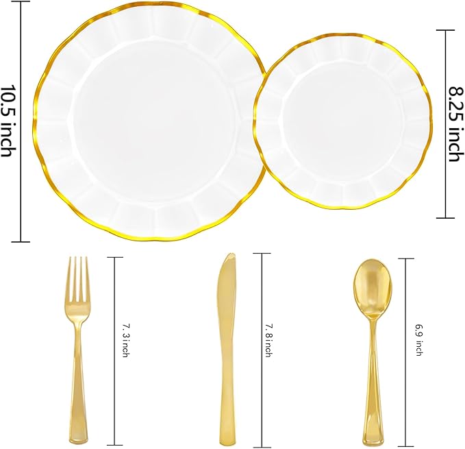 ejonirinjonir EI 150pcs White Plastic Plates with Gold Plastic Silverware,Disposable Plate Heavy Duty,White Dinnerware Set,Elegant Plates for Party,Wedding,Afternoon Tea,Spring,Valentine's Day