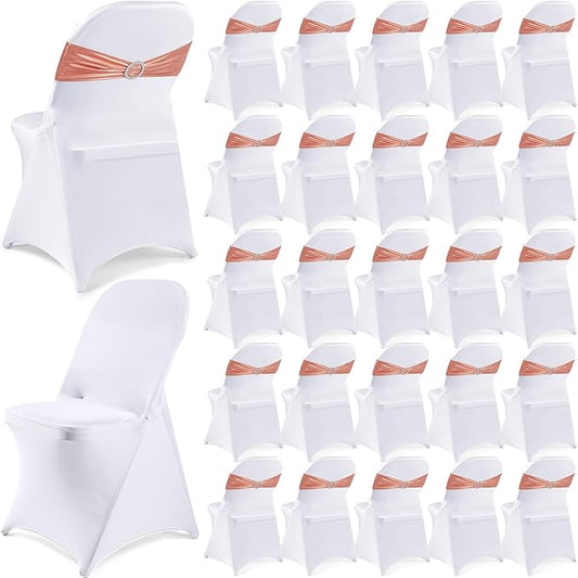 Preboun 50 Pack White Folding Chair Cover Set with 25 Spandex Chair Slipcovers 25 Sequin Chair Sashes Bow Washable Chair Protector Chair Cover for Party Wedding Banquet Event(White, Rose Gold)